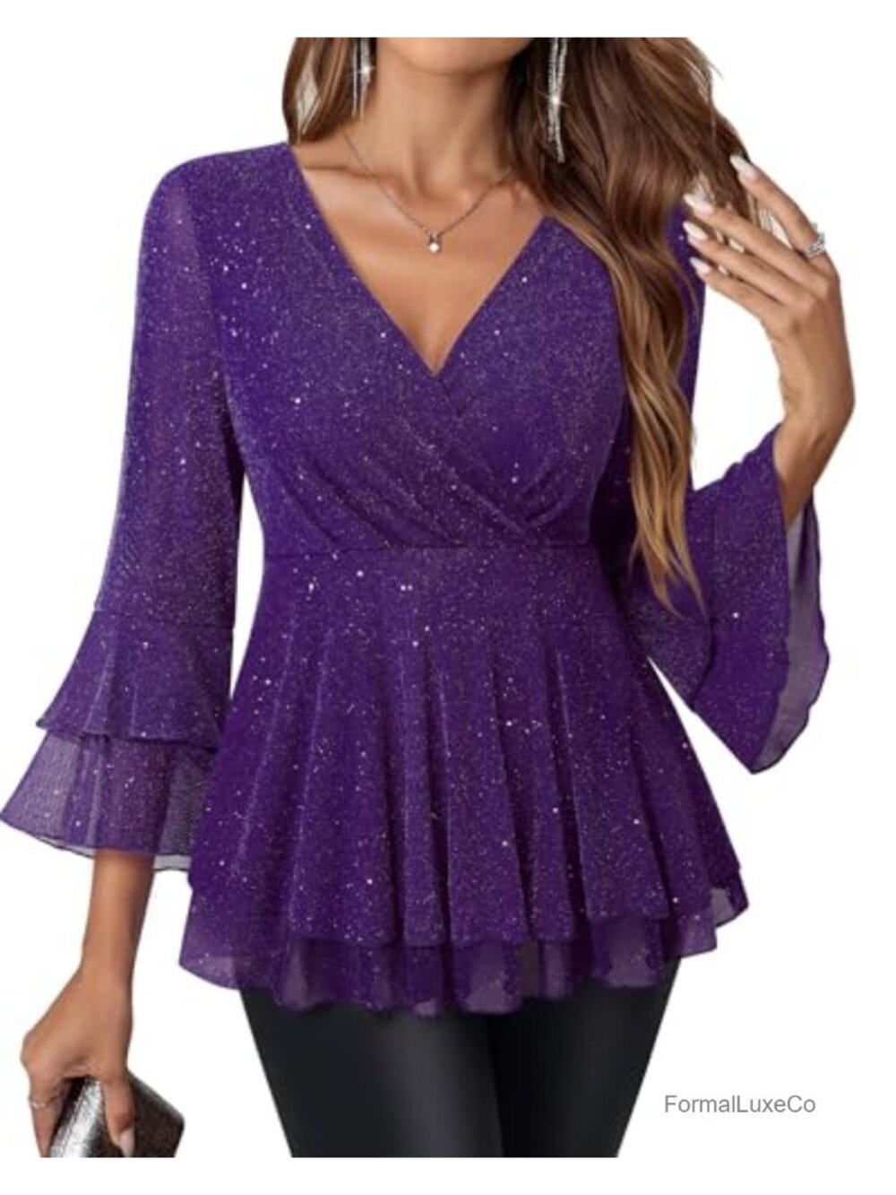 Lotusmile Women's Peplum Blouse Ruffle 3/4 Sleeve Sparkly Dressy Top